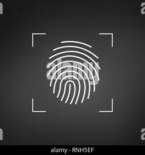 Fingerabdruck. Einfache Symbol für Logo oder App. Weißes Objekt in der Kamera Autofokus auf dunklem Hintergrund. Scanrahmen. Vector Illustration auf weißen isoliert Stock Vektor