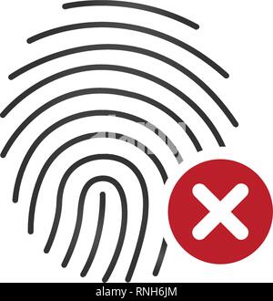 Fingerprint Symbol mit Kreuz. Konzept der Entsperren mit Zeigefinger oder falsche Wahl und melden Sie sich an. Vector Illustration auf weißen isoliert Stock Vektor