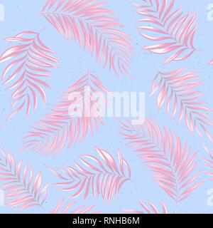Nahtlose Muster eines tropischen Palmen, Dschungel verlässt. Vektor floralen Muster. Zart rosa auf Blau Stock Vektor