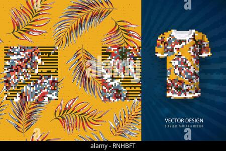 Tropische aloha Muster. Vektor Hawaiian exotischen Blatt Muster auf Shirt mockup. Vektor Pflanzen nahtlose Hintergrund. Gelb Stock Vektor