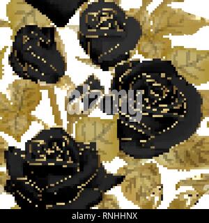 Nahtlose Muster mit schwarzen Rosen und Golden Leaf auf einem weißen Hintergrund. Vector Illustration. Stock Vektor