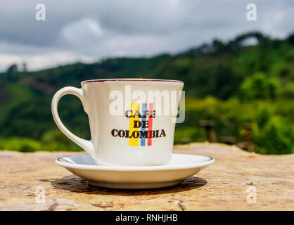 Tasse Kaffee, El Ocaso Farm, Salento, Quindio Abteilung, Kolumbien Stockfoto