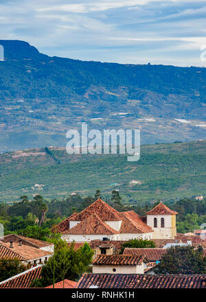 Unsere Liebe Frau vom Rosenkranz Kirche, Erhöhte Ansicht, Villa de Leyva, Boyaca Abteilung, Kolumbien Stockfoto