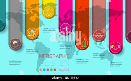 Sechs Etiketten mit Business Icon und Weltkarte Hintergrund Infografiken. Stock Vektor
