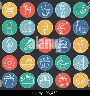 Fastfood Umrisse Symbole auf Farbe Kreise Hintergrund für Grafik- und Webdesign, modernen einfachen Vektor unterzeichnen. Internet Konzept. Trendy Symbol für Web-sites Stock Vektor