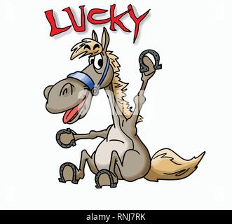 Ein cartoon Pferd einen seiner Schuhe in seine Hände für gutes Glück Vektor-illustration Holding Stock Vektor