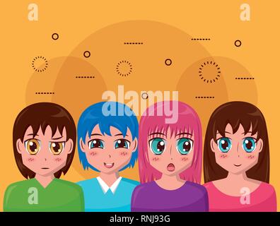 Anime Mädchen Gruppe Manga Comic Stock Vektor