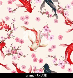 Garten koi Muster. Orientalische china Garten mit Feder Sakura, asiatische Koi Fische vektor Natur kunst hintergrund, Japanisch nahtlose Textur Stock Vektor