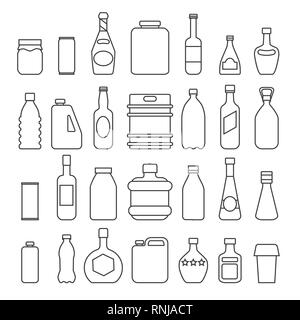 Getränkeverpackungen Symbole. Abfüllung packs Zeile Zeichen, soda Flaschen, Limonade, die Umrisse der Kanister, Saft oder Bier trinken Dosen, Milch, Behälter, Vektor illust Stock Vektor