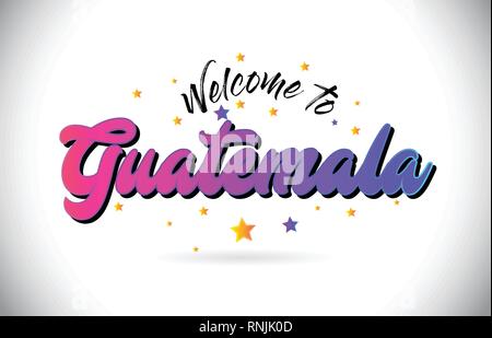 Guatemala Willkommen bei Wort Text mit Lila Rosa handschriftlichen Font und gelbe Sterne Form Design Vector Illusration. Stock Vektor