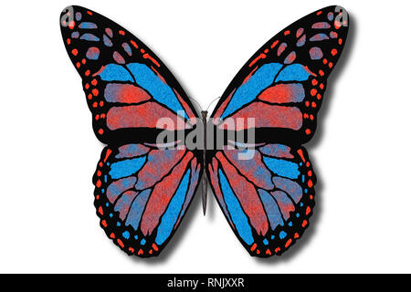 3D-Darstellung. Bunte Schmetterling fliegt mit offenen Flügeln auf einem weißen Hintergrund. Stockfoto