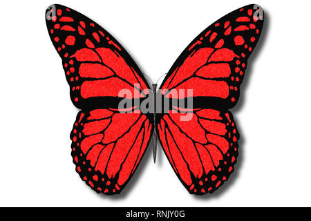 3D-Darstellung. Bunte Schmetterling fliegt mit offenen Flügeln auf einem weißen Hintergrund. Stockfoto