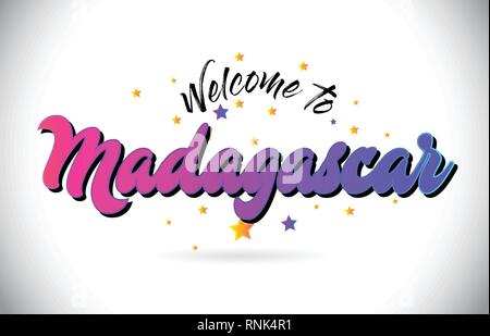 Madagaskar Willkommen bei Wort Text mit Lila Rosa handschriftlichen Font und gelbe Sterne Form Design Vector Illusration. Stock Vektor