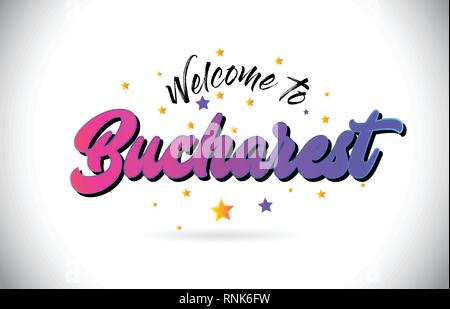 Bukarest Willkommen bei Wort Text mit Lila Rosa handschriftlichen Font und gelbe Sterne Form Design Vector Illusration. Stock Vektor