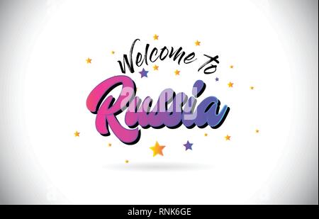 Russland Willkommen in Wort Text mit Lila Rosa handschriftlichen Font und gelbe Sterne Form Design Vector Illusration. Stock Vektor