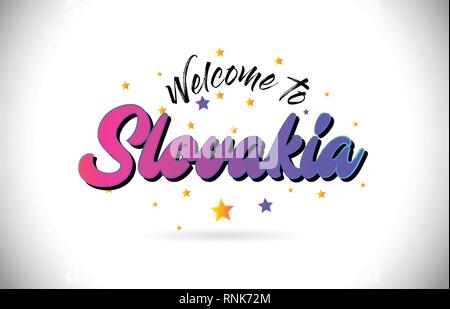 Slowakei Willkommen bei Wort Text mit Lila Rosa handschriftlichen Font und gelbe Sterne Form Design Vector Illusration. Stock Vektor