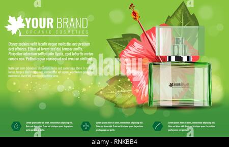 Realistischen stil Parfüm Glasflasche mock up mit Tropic Blume und Blatt. Realistische Vector Illustration. Stock Vektor