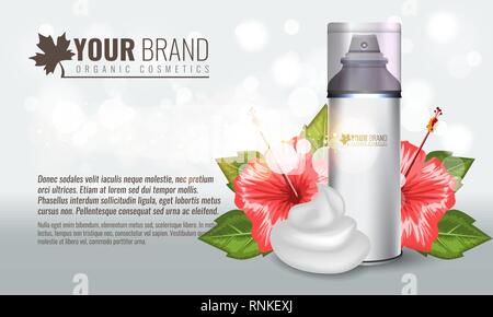 Realistische kosmetische Flasche für Männer mit transparenter Kappe und Schaum mock up. Tropische Blume und Blatt. Illustrierte Vektor. Stock Vektor