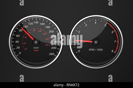 Tachometer und Drehzahlmesser. Schwarzes auto Dashboard Elemente. 3D Rendering Illustration. Stockfoto