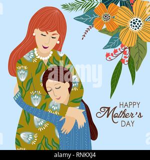 8. März. Cute cartoon Mutter und Tochter mit Doodle Blumen auf einem blauen Hintergrund. Vektor Vorlagen für Karte, Plakat, Flyer und andere Benutzer Stock Vektor