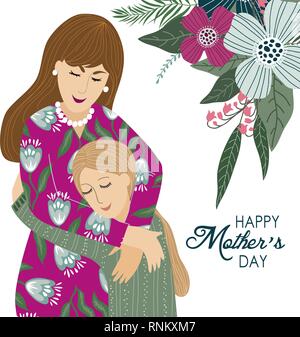 8. März. Cute cartoon Mutter und Tochter mit Doodle Blumen auf einem weißen Hintergrund. Vektor Vorlagen für Karte, Plakat, Flyer und andere Benutzer Stock Vektor