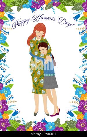 8. März. Cute cartoon Mutter und Tochter mit Doodle Blumen auf einem weißen Hintergrund. Vertikale Vektor Stock Vektor