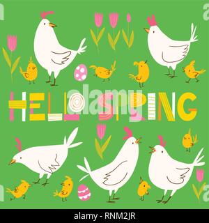 Vektor frühling ostern Karte mit Blumen und Huhn Stock Vektor