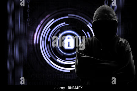 Silhouette von einem Hacker isoliert auf schwarz mit Binärcodes auf Hintergrund Stockfoto