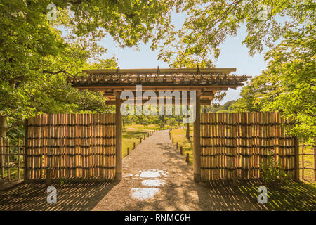 Kleine Innenraum Bambus Tor des Gartens von rikugien unter den Ahornbäumen, die in den Strahlen der Sonne lassen. Stockfoto