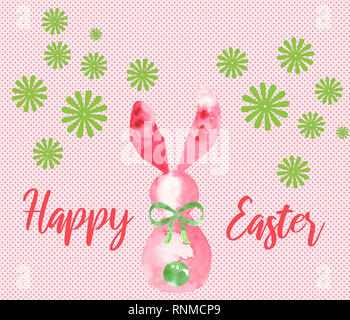 Rosa aquarell Osterhase mit grünen Bogen und Schwanz auf pink gepunktete Hintergrund mit Frohe Ostern text und grünen Blumen Stockfoto