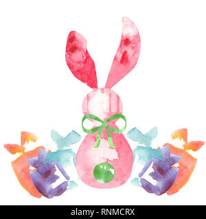 Zusammenfassung zurück von niedlichen rosa Aquarell bunny und Haufen Geschenke auf weißem Hintergrund Stockfoto