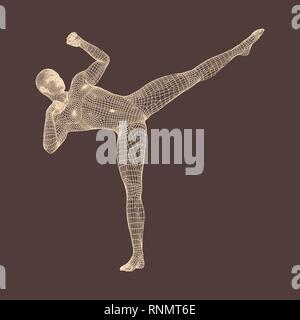 Kickbox Fighter vorbereiten, führen Sie einen High Kick. Fitness, Sport, Training und Martial Arts Konzept. 3D-Modell des Menschen. Menschlichen Körper. Design Element. Vect Stock Vektor