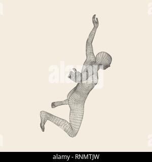 Mann fällt aus einer Höhe. Mann fällt auf einen Sprung. 3D-Modell des Menschen. Human Body Model. Vector Illustration. Stock Vektor