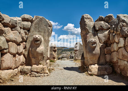 Hethiter lion Skulptur des Lion's Gate. Hattusa (auch Ḫattuša oder hattusas) spät Anatolischen Bronzezeit Hauptstadt des hethitischen Reiches. Hethiter Stockfoto