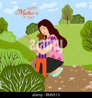 8. März. Cute cartoon Mutter und Tochter gegen eine Landschaft mit Bäumen und Sträuchern. Vektor Vorlagen für Karte, Plakat, Flyer und andere Benutzer Stock Vektor