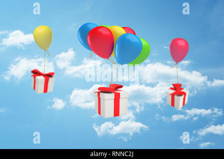 3D-Rendering von geschenkboxen mit roten Bändern zu bunten Ballons auf blauen Himmel Hintergrund gebunden. Digitale Kunst präsentiert. Cartoon Design. Stockfoto