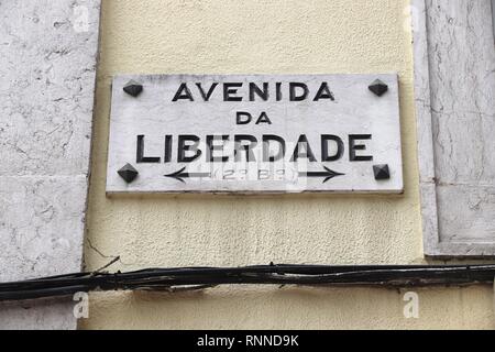 Avenida Da Liberdade unterzeichnen in Lissabon, Portugal. Liberty Avenue. Stockfoto