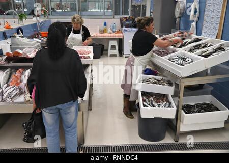 PORTO, PORTUGAL - 24. MAI 2018: Menschen kaufen bei einem Fisch stehen im Mercado do Bolhao, Porto. Mercado do Bolhao ist eine beliebte traditionelle Markt statt. Stockfoto