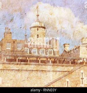London, England - Tower von London. UNESCO-Weltkulturerbe. Quadratische Komposition. Kreuz verarbeitet Retro Stil Farbton. Stockfoto