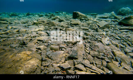 Unterwasser Blick auf Meer Boden voller Steine in verschiedenen Formen und Größen. Stockfoto