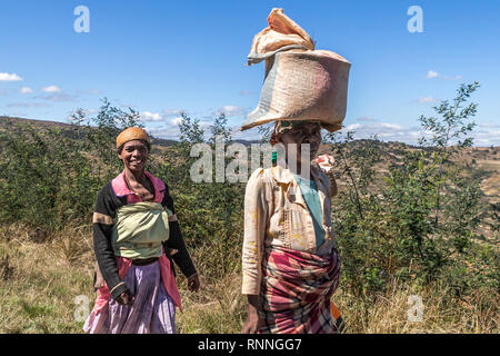 Tragen Ware auf dem Kopf Blick entlang der N7 in Ranomafana Antsirabe Madagaskar Stockfoto