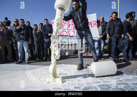 Februar 17, 2019 - Messina, Sizilien, Italien - ein Hirte gesehen gießen Dosen von Milch auf die Straße während des Protestes.. Die sizilianische Milch producerâ € ™ s Protest in Dittaino, gegen die niedrigen Preis der Milch und der Wettbewerb von der Milch, die in den anderen Ländern hergestellt. Die Produzenten strömten mehr als 2000 Würfe von Milch auf die Straße und versuchte, die Autobahn Palermo-Catania zu blockieren. (Bild: © Danilo Campailla/SOPA Bilder über ZUMA Draht) Stockfoto
