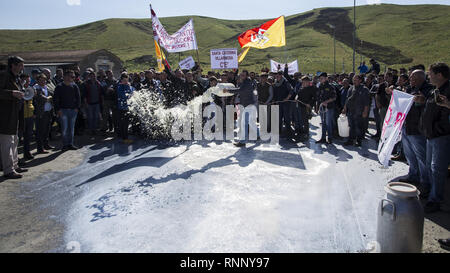 Februar 17, 2019 - Messina, Sizilien, Italien - Hirten werden gesehen, gießen Dosen von Milch auf die Straße während des Protestes.. Die sizilianische Milch producerâ € ™ s Protest in Dittaino, gegen die niedrigen Preis der Milch und der Wettbewerb von der Milch, die in den anderen Ländern hergestellt. Die Produzenten strömten mehr als 2000 Würfe von Milch auf die Straße und versuchte, die Autobahn Palermo-Catania zu blockieren. (Bild: © Danilo Campailla/SOPA Bilder über ZUMA Draht) Stockfoto