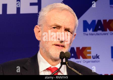 London, Großbritannien. 19 Feb, 2019. Jeremy Corbyn MP, Führer der Labour Party bei der Nationalen Manufacturing Conference. Credit: Claire Doherty/Alamy leben Nachrichten Stockfoto