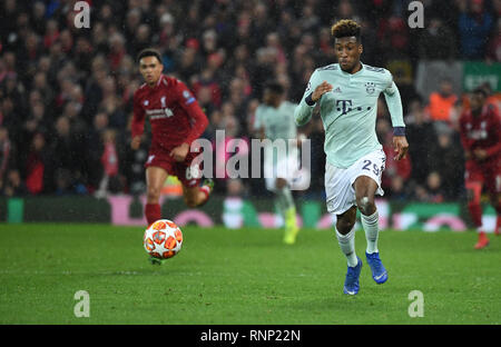 Liverpool, Großbritannien. 19 Feb, 2019. Fussball: Champions League, FC Liverpool, FC Bayern München, K.o.-Runde, Achtelfinale, Hinspiel in Anfield Stadion. Kingsley Coman München läuft selbst eine Kugel. Credit: Sven Hoppe/dpa/Alamy leben Nachrichten Stockfoto