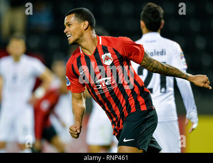 Doha, Katar. 19 Feb, 2019. Gelmin Rivas von Al Rayyan SC feiert nach dem Scoring Das erste Ziel während der AFC asiatische Champions League qualifikationsspiel zwischen Katar Al Rayyan SC und des Iran Saipa FC in Doha, der Hauptstadt von Katar, 19.02.2019. Credit: Nikku/Xinhua/Alamy leben Nachrichten Stockfoto