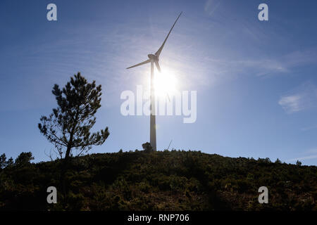 Februar 19, 2019 - MonçÃ £ O, Portugal - eine Windkraftanlage gesehen, die mit dem Sub park Mendoiro-Bustavade, einer der 5 Parks des Alto Minho Windpark, MonçÃ £ o, Portugal. Die Alto Minho Windpark mit einer installierten Leistung von 240 MW, in fünf Untergruppen verteilt - Parks, gekennzeichnet durch Picos, Alto do Corisco, Santo António, und Mendoiro-Bustavade Picoto-SÃ £ o Silvestre. Im nördlichen Teil des Landes, der Alto Minho Windpark in Viana Castelo district, Portugal, voll operationell im November 2008. Zum Zeitpunkt der Fertigstellung war es das größte in Europa on-shore-Windparks. Der wind Stockfoto