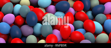 Ostern Vorbereitung. Ostereier Stapeln, verschiedene Farben, Textur Hintergrund, Banner. 3D-Darstellung Stockfoto