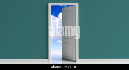Geöffnete Tür Kanal zum blauen Himmel, Himmel. Tür öffnen, blauer Himmel mit Wolken Blick aus der Tür öffnen, kopieren. 3D-Darstellung Stockfoto