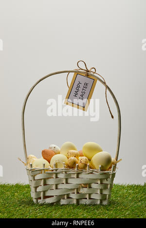 Ostern Hühner und Wachteln Eier im Stroh Korb mit Blume und Karte mit Frohe Ostern Schriftzüge auf Gras Stockfoto